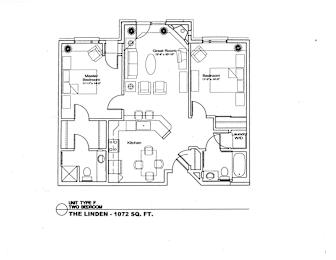 A floor plan of a home with a living room, dining room, kitchen, and two bedrooms.