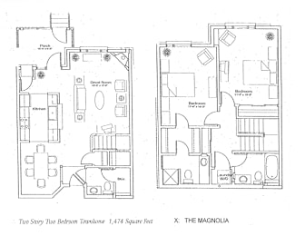 A floor plan of a two-story building with a living room, kitchen, and bathrooms.