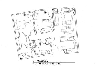 A black and white image of a floor plan for a two bedroom unit.