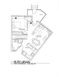 A floor plan of a house with a porch, great room, and kitchen.