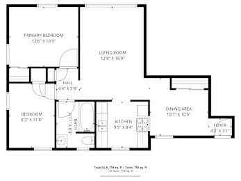 A black and white image of a floor plan for a house with a living room, dining area, kitchen, two bathrooms, and two bedrooms.