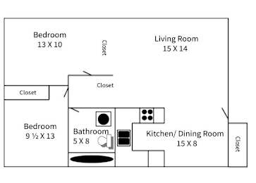 A floor plan of a living space showing a kitchen, two bathrooms, and three bedrooms.