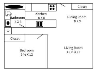 A floor plan of a house with a living room, dining room, kitchen, bathroom and bedroom.