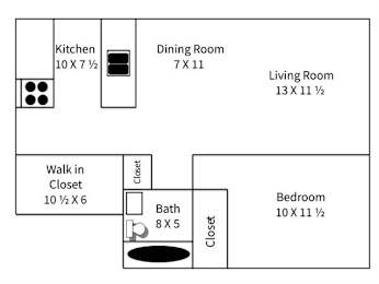 A floor plan of a home showing a kitchen, dining room, living room, walk-in closet, bathroom, and bedroom.