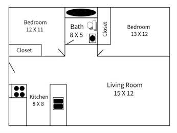 A floor plan of a living space with a kitchen, two bathrooms, and three bedrooms.