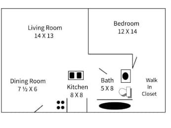 A floor plan of a small apartment with a living room, dining room, kitchen, bathroom and bedroom.