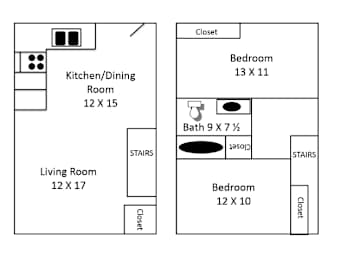 A floor plan of a house with two bedrooms, a living room, a kitchen/dining room, and two closets.