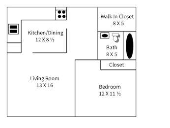 A floor plan of a house with a living room, kitchen/dining area, bedroom, bathroom and closet.