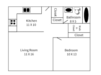 A floor plan of a small apartment with a kitchen, living room, bedroom and bathroom.