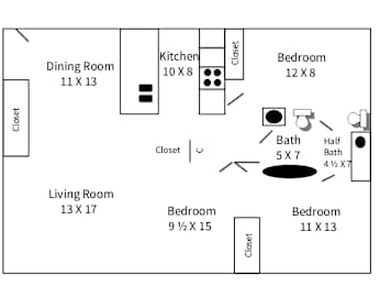 A diagram of a house layout with labeled rooms and dimensions.