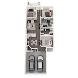 A top-down view of a small apartment with a kitchen, living room, bedroom, and bathroom.