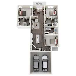 A floor plan of a house with two bedrooms, a living room, a kitchen, a bathroom, and two parking spaces.