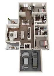 A top-down view of a house interior with two cars parked in the garage.