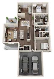 A top-down view of a house layout with two bedrooms, a living room, a kitchen, a dining room, and two parking spaces.