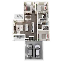 A top-down view of a house layout with two cars parked in the garage.