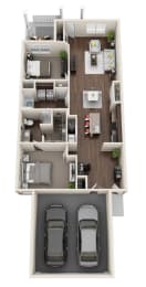 a two story apartment with two cars in the driveway