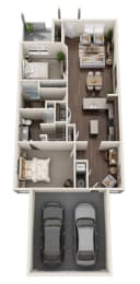 a floor plan of a 3 bedroom apartment with two cars in the garage