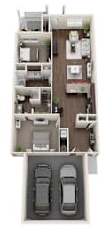 A floor plan of a two bedroom apartment with a garage for two cars.