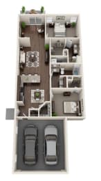 a two story apartment building with two cars in the parking lot