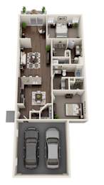 A floor plan of a house with two bedrooms, two bathrooms, a living room, a kitchen, and a garage.