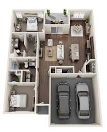 A top-down view of a house interior with two bedrooms, a living room, a kitchen, a dining area, and two parking spaces.