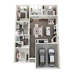 A top-down view of a small apartment with two bedrooms, a living room, a kitchen, and a garage for two cars.