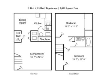  Floor Plan 2 Bed 1.5 Bath Townhome (Classic)