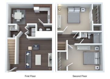 the layouts of the first and second floor of a 2103 sq ft apartment
