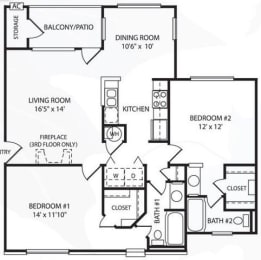  Floor Plan 2 Bed 2 Bath