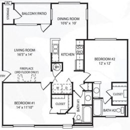 Floor Plan 2 Bed 2 Bath