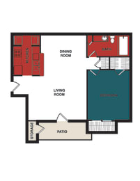 1 Bedroom 1 bath 658 Sq. Ft. Kensington  Floor Plan at Wellington at Willow Bend, Texas, 75093