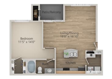 Genda One Bed One Bath Floor Plan at Riachi at One21, Plano