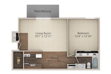 1 Bedroom 1  Bath (677 sq ft) Floor Plan at Glen Hills Apartments, Glendale, WI, 53209