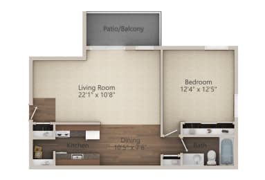 1 Bedroom 1  Bath (687 sq ft) Floor Plan at Glen Hills Apartments, Glendale, WI