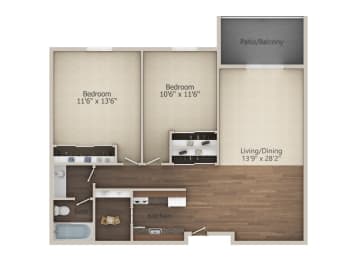 2 Bedroom 1  Bath  (909 sq ft) Floor Plan at Glen Hills Apartments, Glendale, Wisconsin