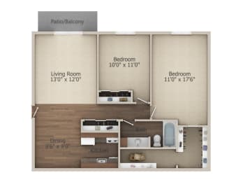 2 Bedroom 1  Bath (910 sq ft) Floor Plan at Glen Hills Apartments, Glendale