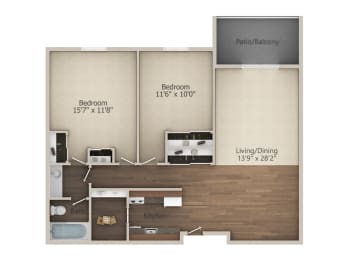 2 Bedroom 1  Bath (944 sq ft) Floor Plan at Glen Hills Apartments, Wisconsin