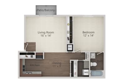 1 Bedroom w/ WD 1  Bath   800 Sq. Ft. Floor Plan at The Greenway at Carol Stream, Carol Stream