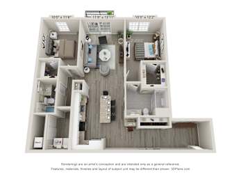 A 3D floor plan of a small apartment with a kitchen, living room, and bathroom.