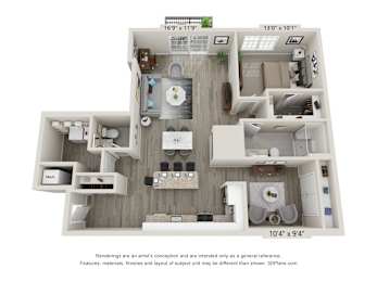 A 3D floor plan of a small apartment with a kitchen, living room, and bathroom.