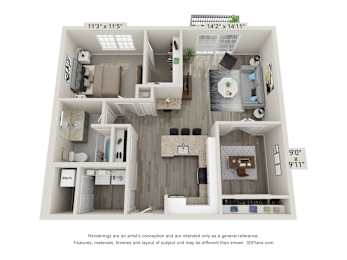 A 3D floor plan of a house with a kitchen, living room, and bathroom.
