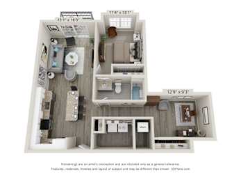 A floor plan of a small apartment with a kitchen, living room, and bathroom.