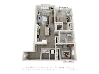 A 3D floor plan of a small apartment with a kitchen, living room, and bathroom.