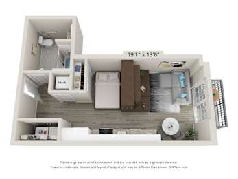 A 3D floor plan of a small apartment with a kitchen, living room, and bedroom.