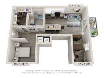 A 3D floor plan of a house with a living room, kitchen, and two bedrooms.