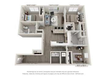 A 3D floor plan of a house with a kitchen, living room, and two bedrooms.