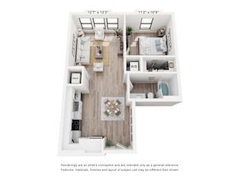 A floor plan of a two-bedroom apartment with a living room, kitchen, and bathroom.