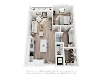 A floor plan of a small apartment with a kitchen, living room, and bathroom.