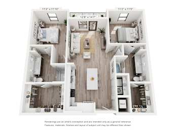 A floor plan of a two-bedroom apartment with a living room, kitchen, and bathroom.