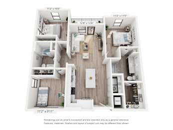 A floor plan of a two-bedroom apartment with a living room, kitchen, and bathroom.